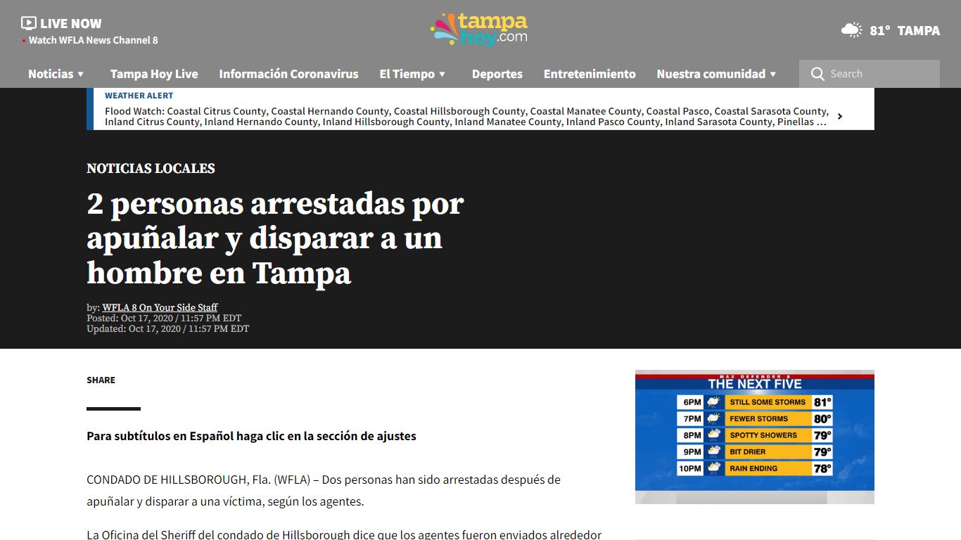 2 personas arrestadas por apuñalar y disparar a un hombre en Tampa - WFLA